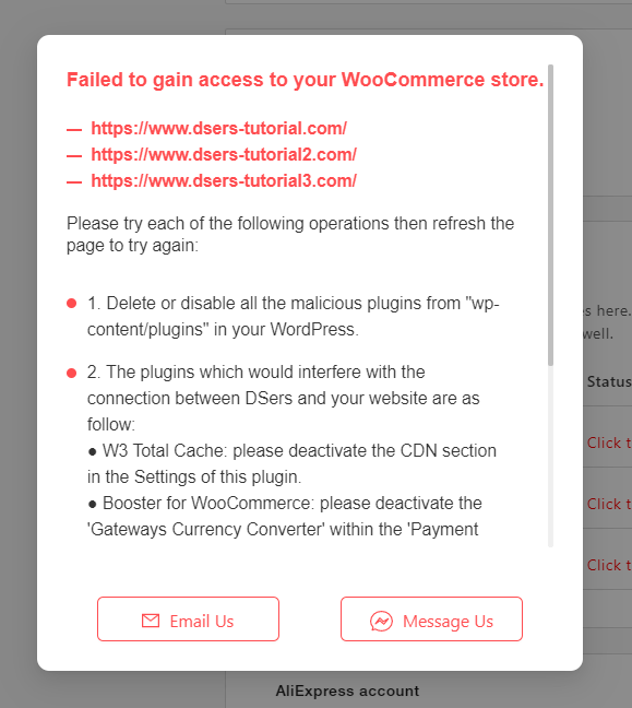Why I can't push my product from DSers to WooCommerce - DSers failed to access WooCommerce store - Woo DSers