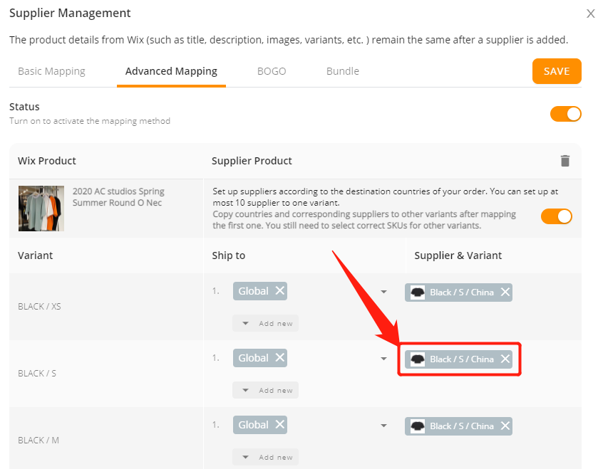 Set variants shipping - Click remap - Wix DSers