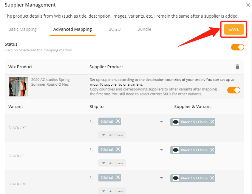 Set variants shipping - Mapping save - Wix DSers