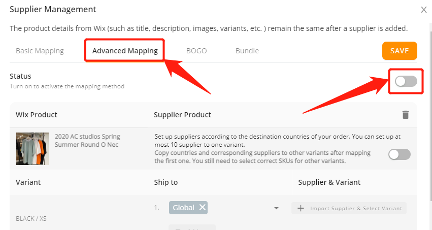 Set variants shipping - In Supplier management, access the Advanced Mapping tab - Wix DSers