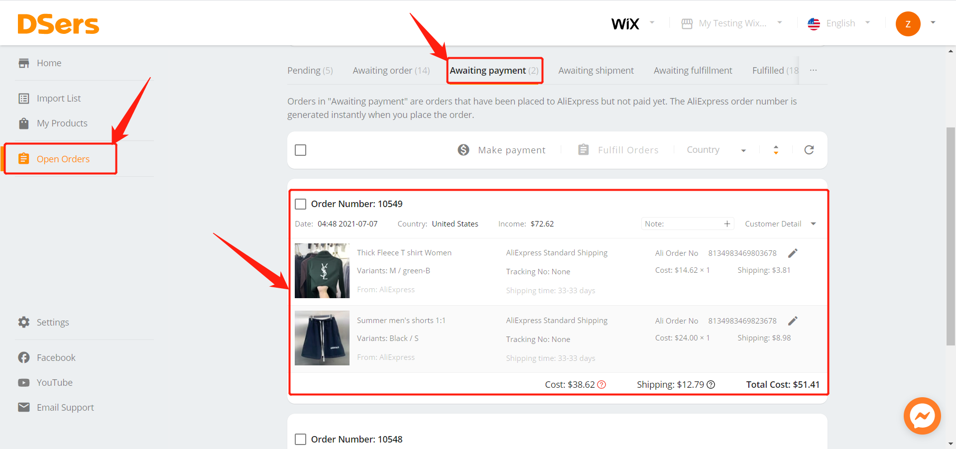 DSers Awaiting Fulfillment - DSers – Open Orders – Awaiting payment - Wix DSers