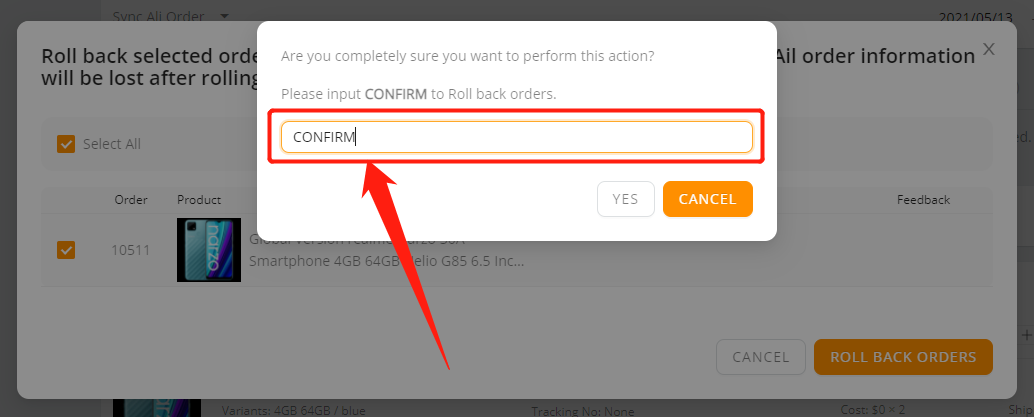 Cancel fulfillment - Enter CONFIRM - Wix DSers