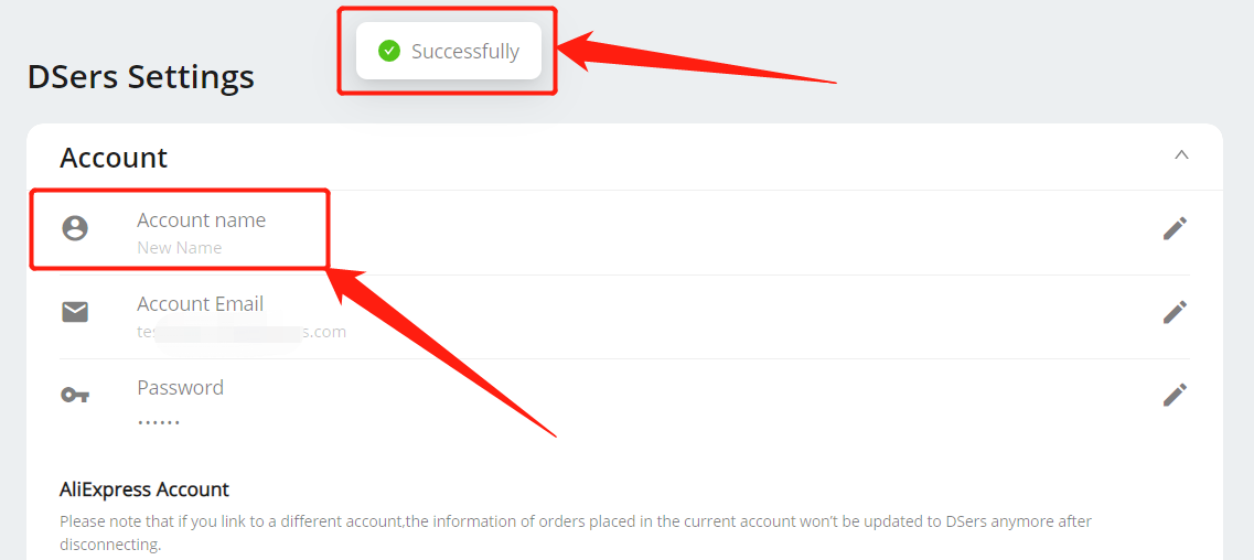 4Change account name - Account name set successfully - Wix DSers