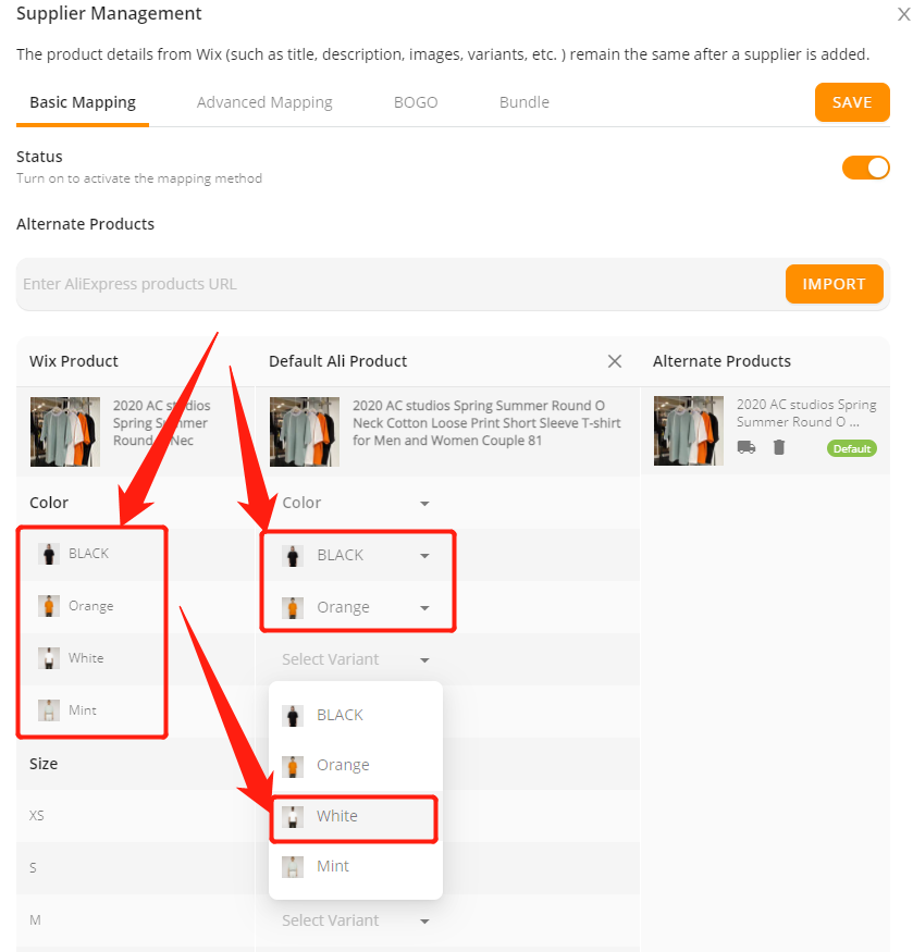 DSers - Mapping - Choose the color - Wix DSers