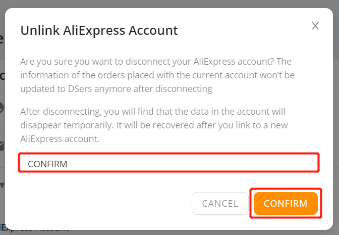 Disconnect AliExpress account - click confirm - Wix DSers