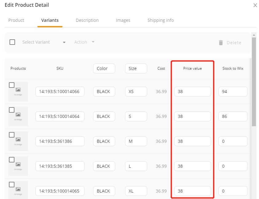 Edit a product - Sale price of all the variants has changed - Wix DSers