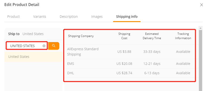 Shipping info tab - select a country - Wix DSers