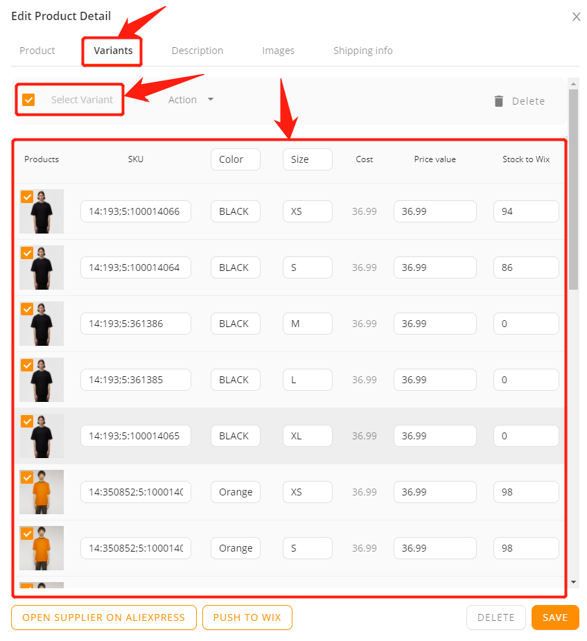 Edit a product - Select all the product variants - Wix DSers