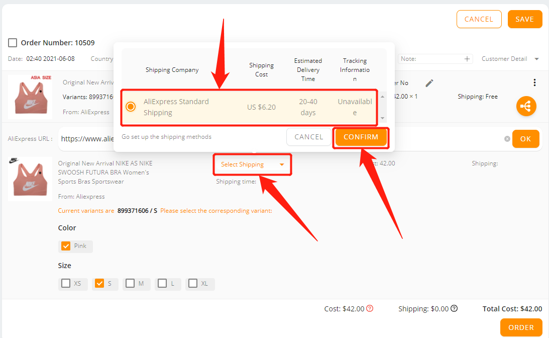 Edit an order - Select a Shipping method and click confirm - Wix DSers