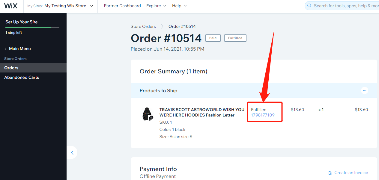 After the payment - View the tracking number in the Order Details- Wix DSers