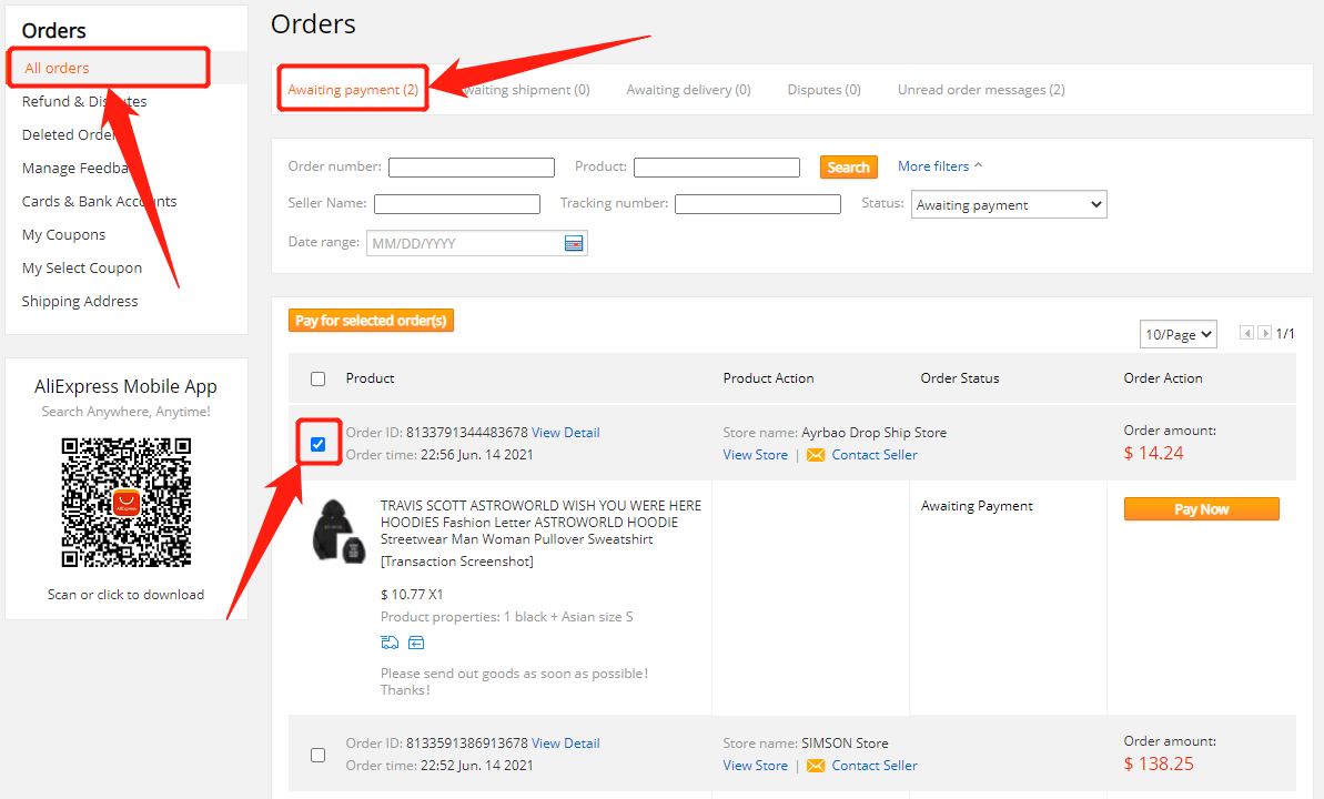 Make the payment - Select the order - Wix DSers