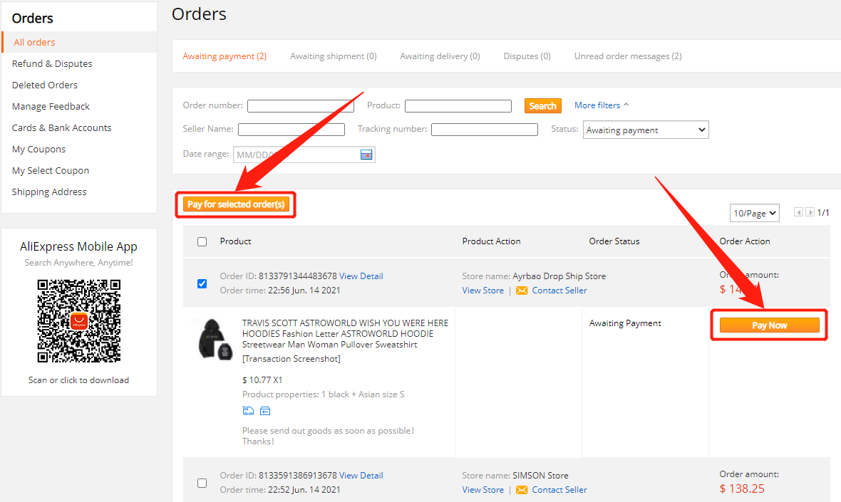 Make the payment - Click on the Pay for selected order(s) or Pay Now button - Wix DSers