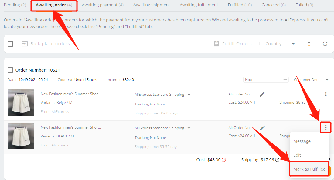 Manually fulfill part of an order - Go to Awaiting Order tab - Wix DSers