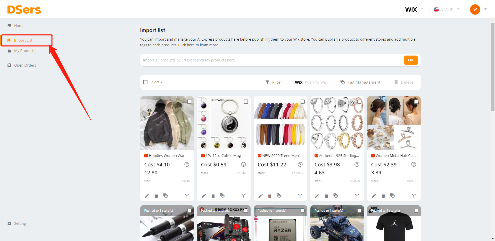 Import products from AliExpress - Copy/paste URL in Import List - Wix DSers