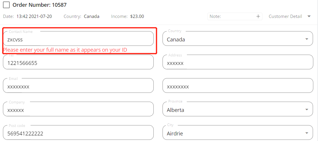 Orders to Canada specifications - Name spacing - Wix DSers