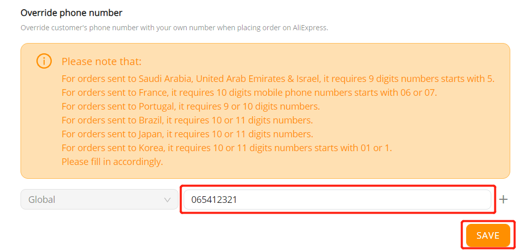 Orders to France specifications - enter phone number and click Save - Wix DSers