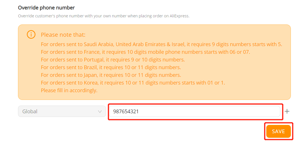Orders to Portugal specifications - enter phone number and click Save - Wix DSers