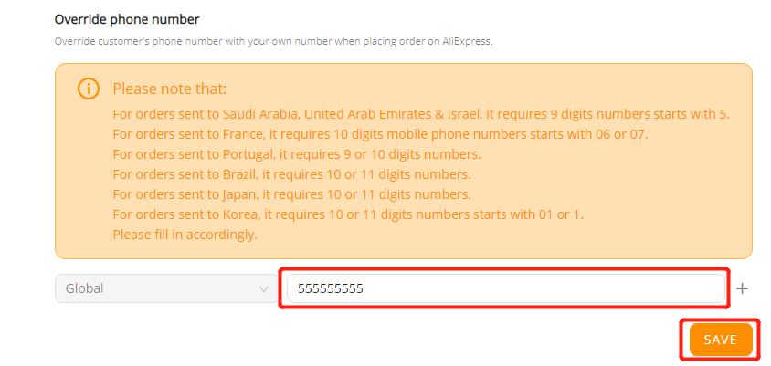 Override Phone Number Feature - Enter a phone number 9-digits and starts with 5 and click on Save - Wix DSers