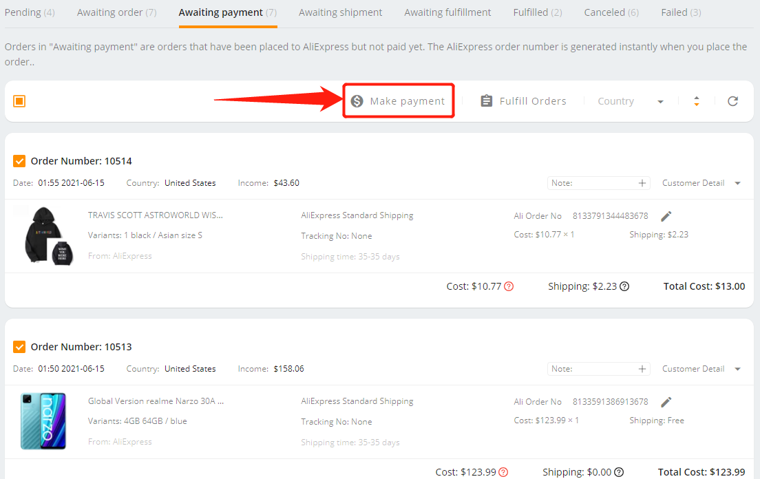 Pay for orders in bulk - Click the Make Payment button - Wix DSers