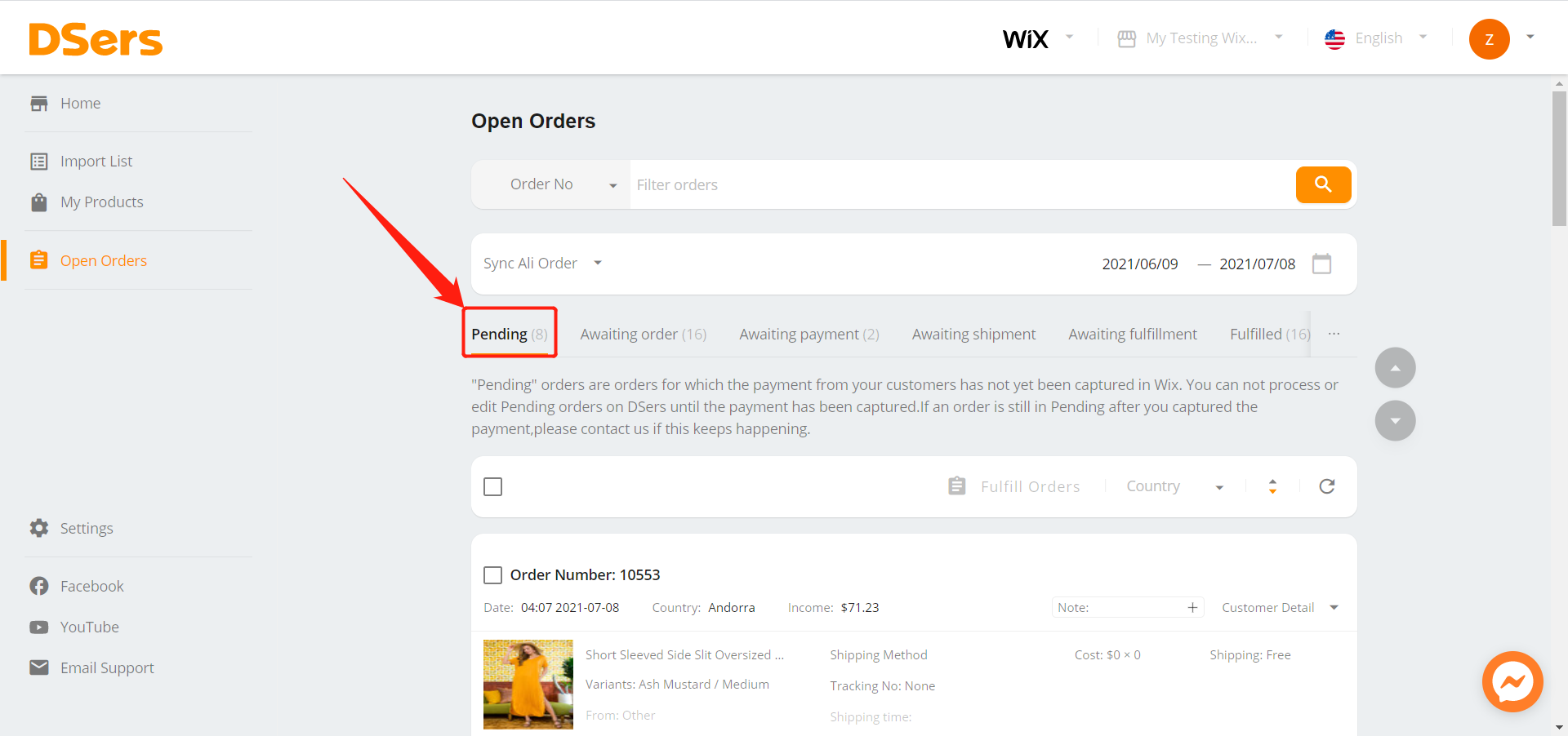 Pending orders introduction for Wix DSers - pending tab - Wix DSers