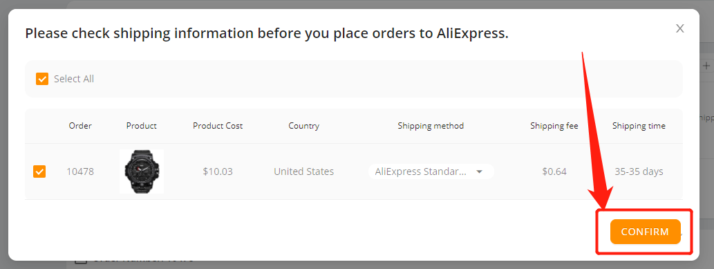 Place an order to AliExpress - Click Confirm - Wix DSers
