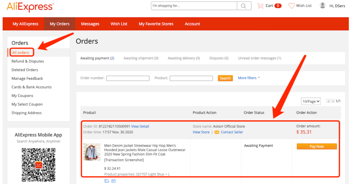 Place an order to AliExpress - The order will be in AliExpress – All orders page - Wix DSers