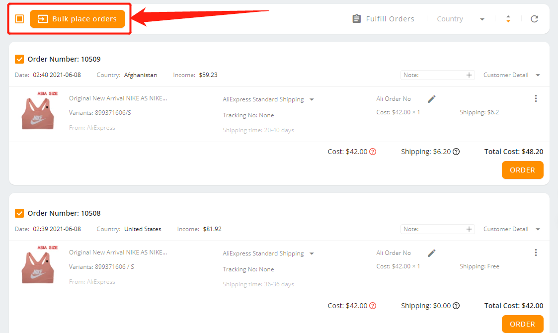 Placing orders to AliExpress in bulk - Select all the orders to place - Wix DSers