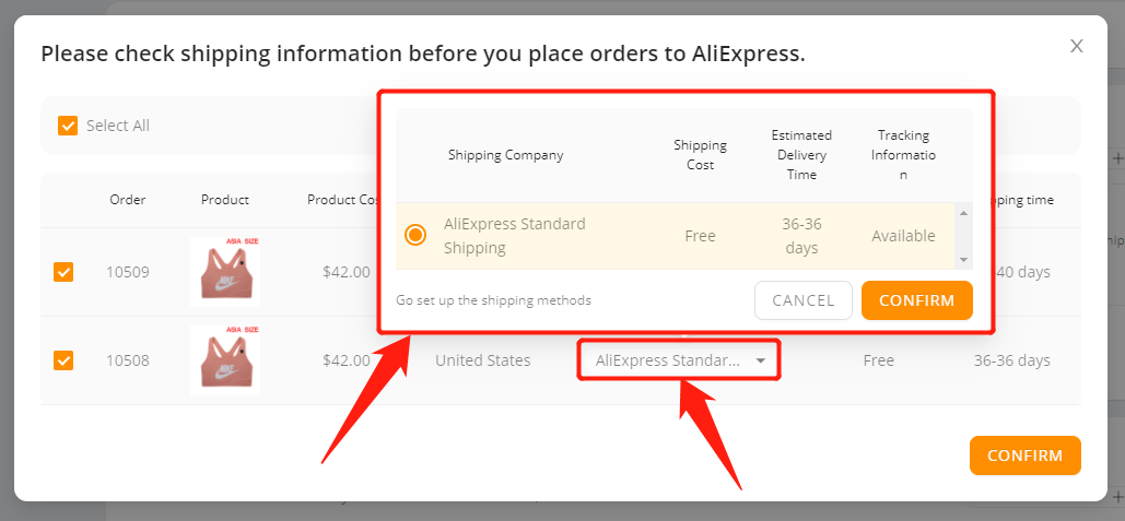 Placing orders to AliExpress in bulk - Check the selected Shipping Method - Wix DSers