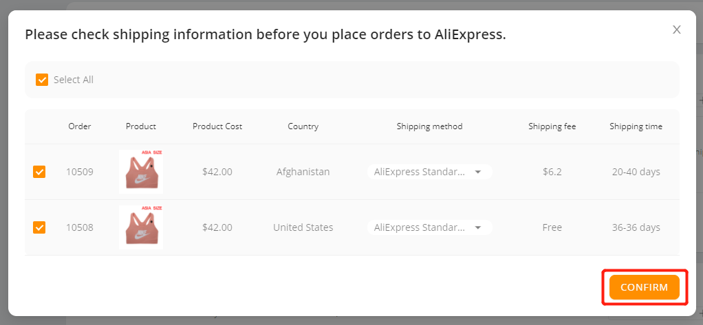 Placing orders to AliExpress in bulk - Click on the Confirm button - Wix DSers