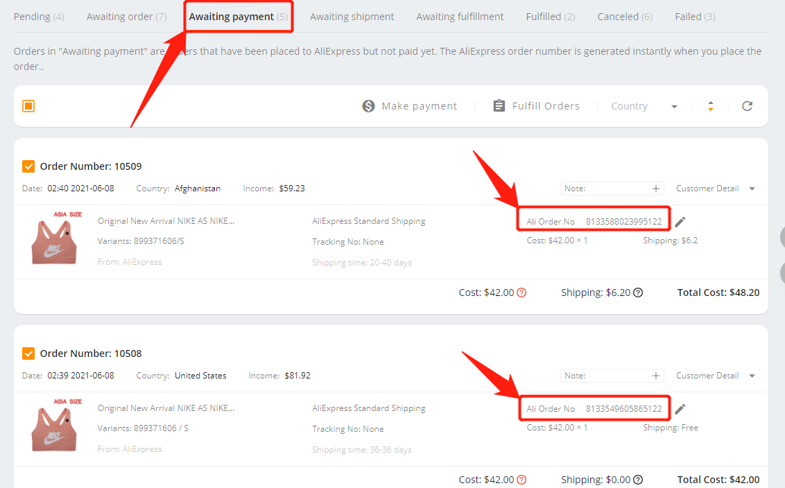 Placing orders to AliExpress in bulk - Awaiting payment tab - Wix DSers