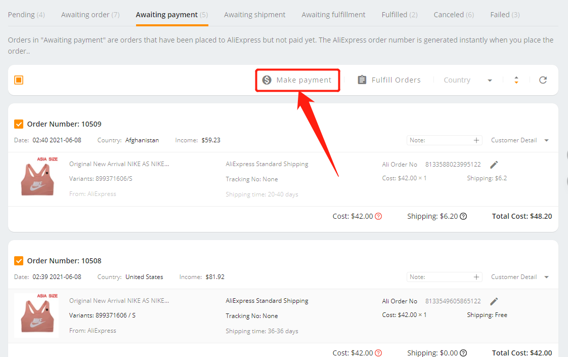 Placing orders to AliExpress in bulk - Click the Make payment button - Wix DSers