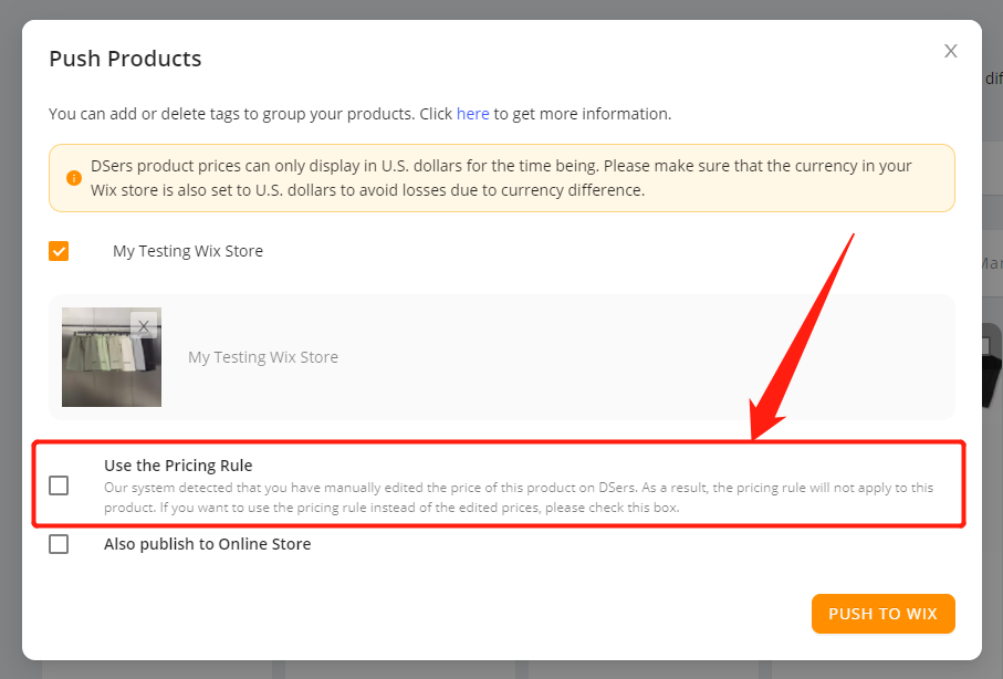 Push a product - Apply the pricing rules  - Wix DSers