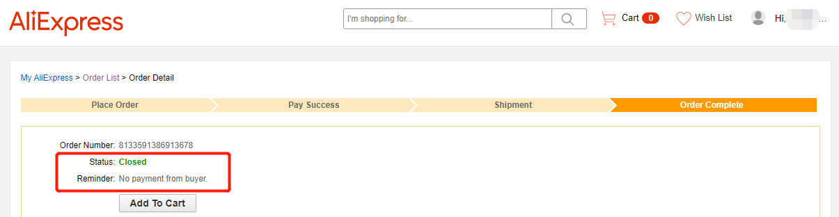 Place an order in DSers’ Canceled tab - Order canceled on AliExpress example - Wix DSers