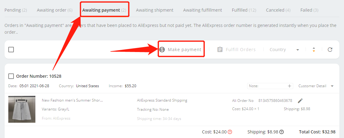 Place an order in DSers’ Canceled tab - Pay for it on AliExpress - Wix DSers