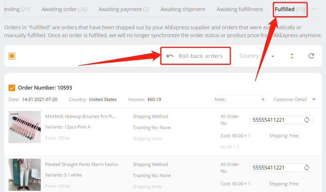 Roll back the order - DSers’ Fulfilled tab to re-order - Wix DSers