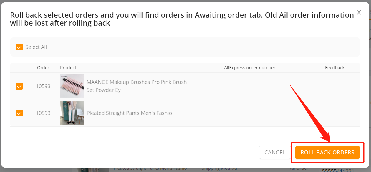 Roll back the order - DSers click on Roll back orders - Wix DSers
