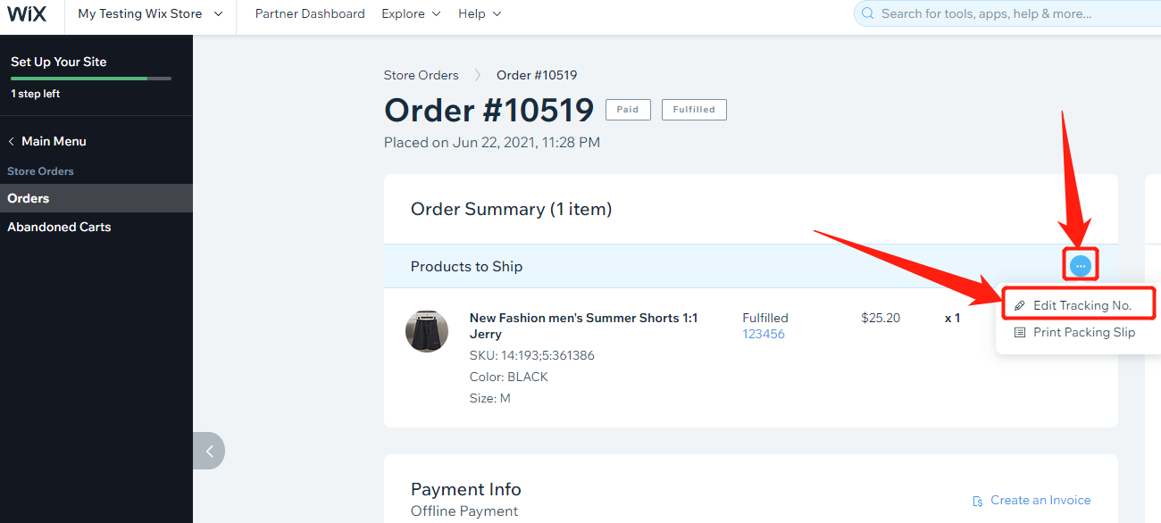 Fulfilled order with tracking number - Select Edit Tracking No. - Wix DSers