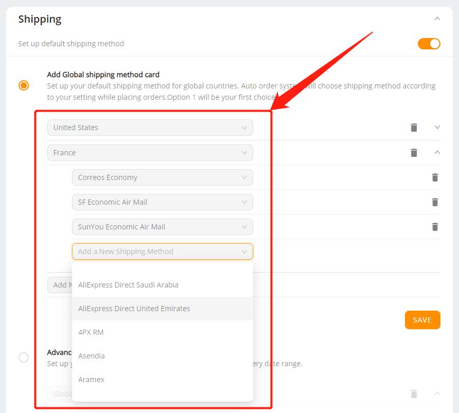 Set shipping method for all products - select different favorite shipping methods for multiple countries