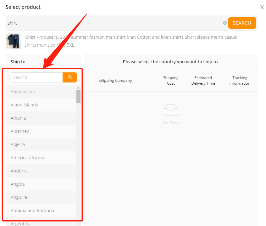 Shipping for specific product - Select a country of destination -Wix DSers
