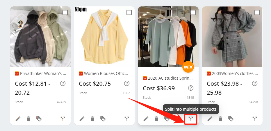 Access the Split Product page - DSers – Click Split into multiple products - Wix DSers