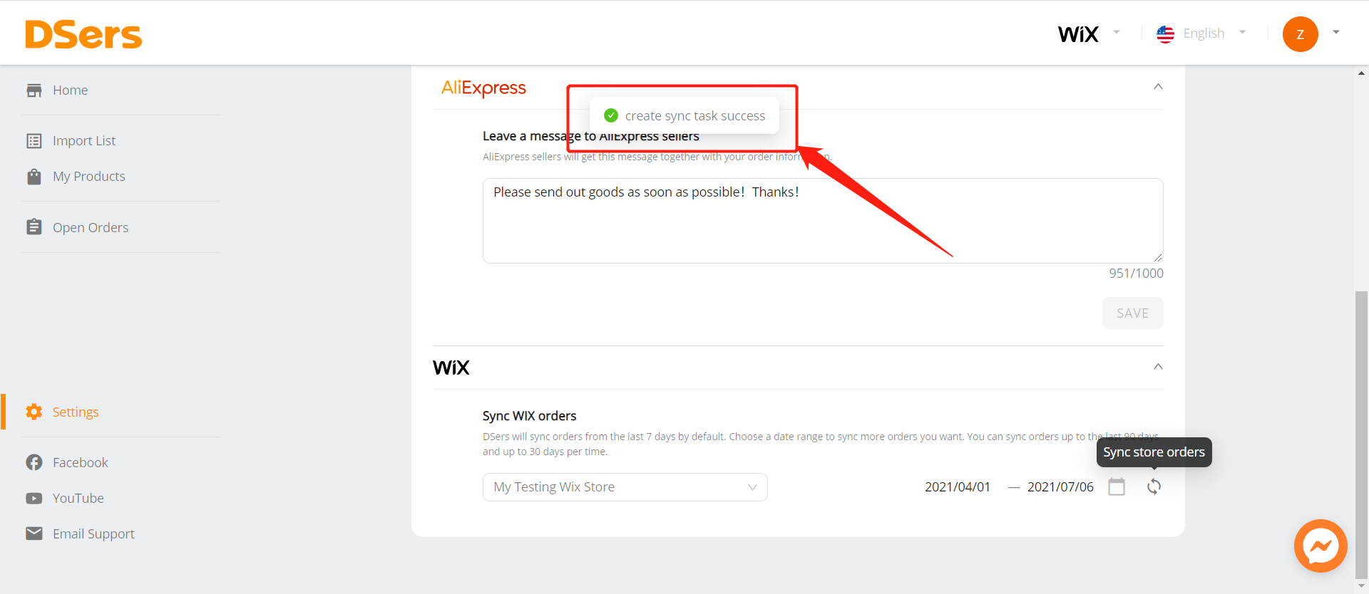 Synchronize Orders from Wix - Settings - Other - Sync Notification - Wix DSers