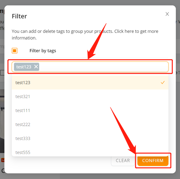 Filter products with Tags - Select a Tag and click CONFIRM - Wix DSers