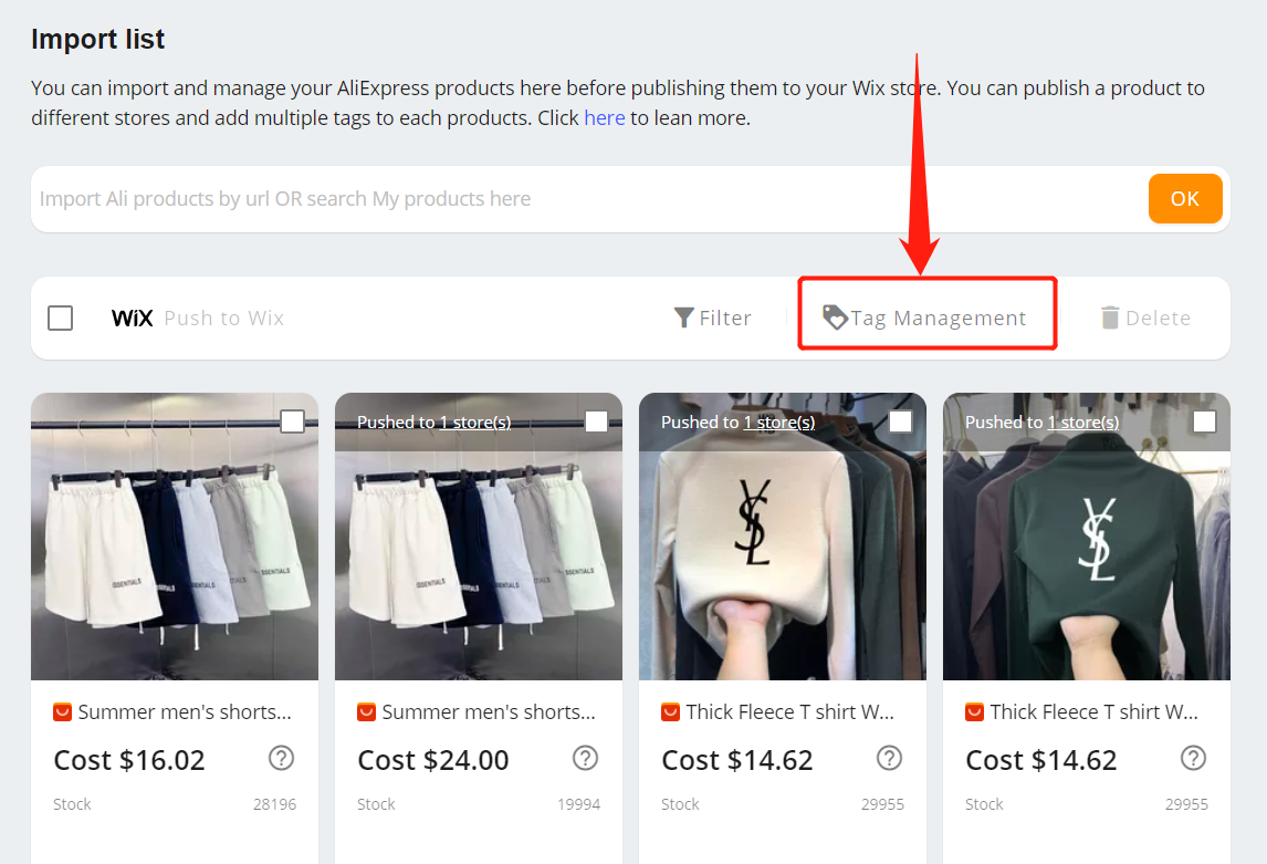 Manage Tags - Click Tag management button - Wix DSers