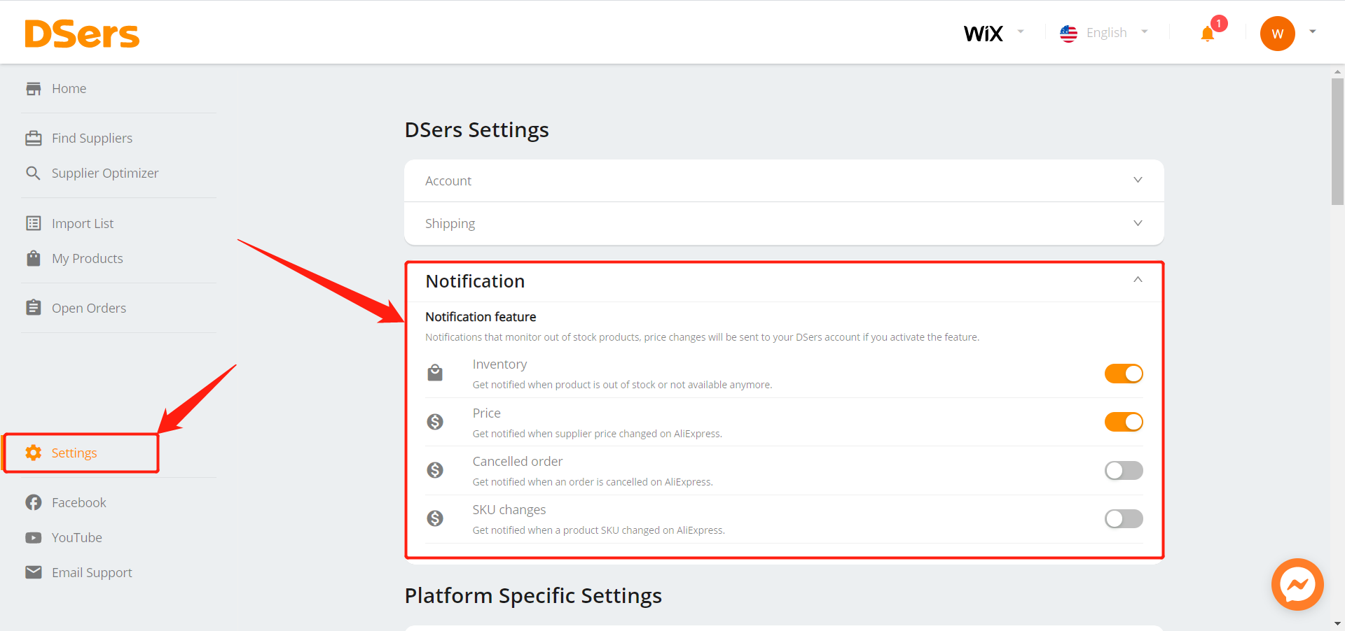 Activate Notification - DSers - Setting - Notification - Wix DSers