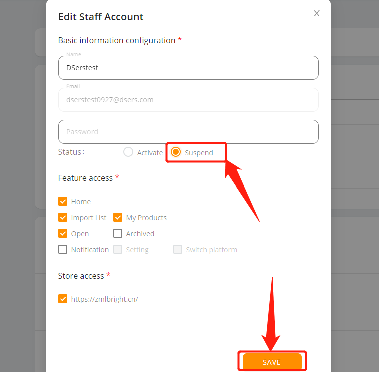Add Staff Account to your Woo DSers - suspend staff account - Woo DSers