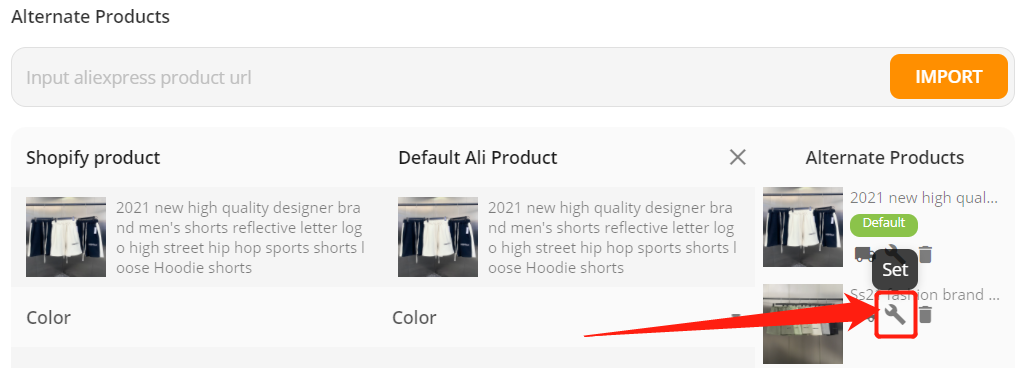 Add a variation to a product - Click on set - Shopify DSers