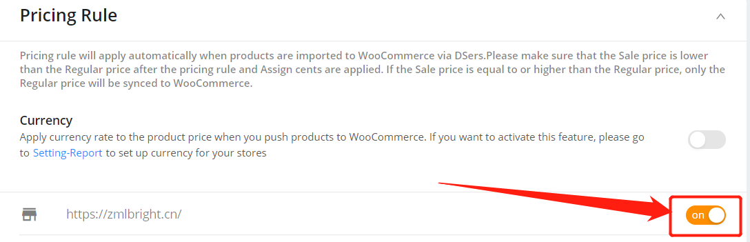 Pricing rules with Woo DSers - Turn on icon - Woo DSers