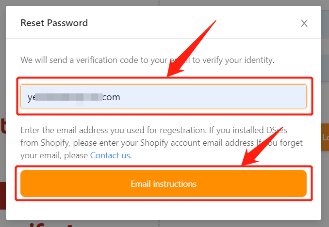 Change password with Woo DSers - Enter email - Woo DSers