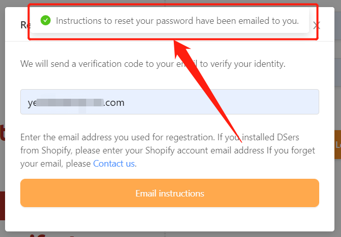 Change password with Woo DSers - Notification of email sent - Woo DSers