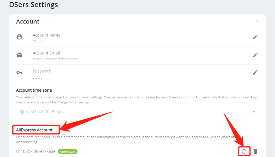 Canceled tab - Setting – Account – AliExpress account, change the AliExpress account - Wix DSers